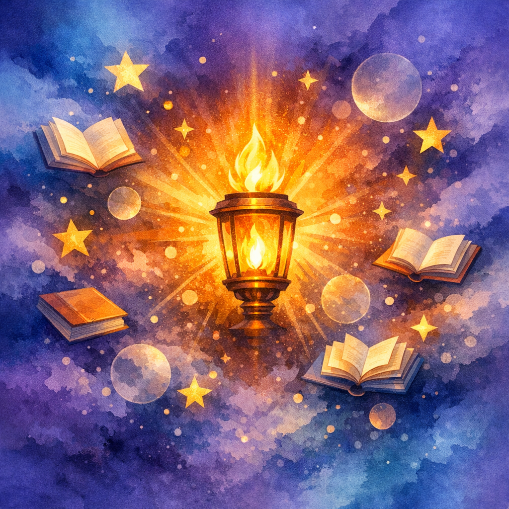 Ilustración abstracta que representa la misión educativa: antorcha encendida rodeada de libros flotantes y estrellas
